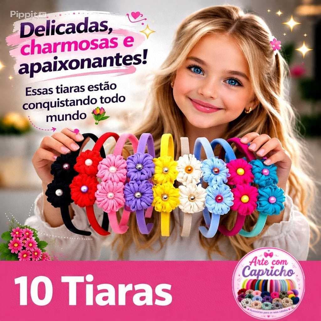 Kit 10 Tiaras Criança Menina Infantil  com Flores 3D e Pérolas - A Beleza que encanta - cores exclusivas, lindas .