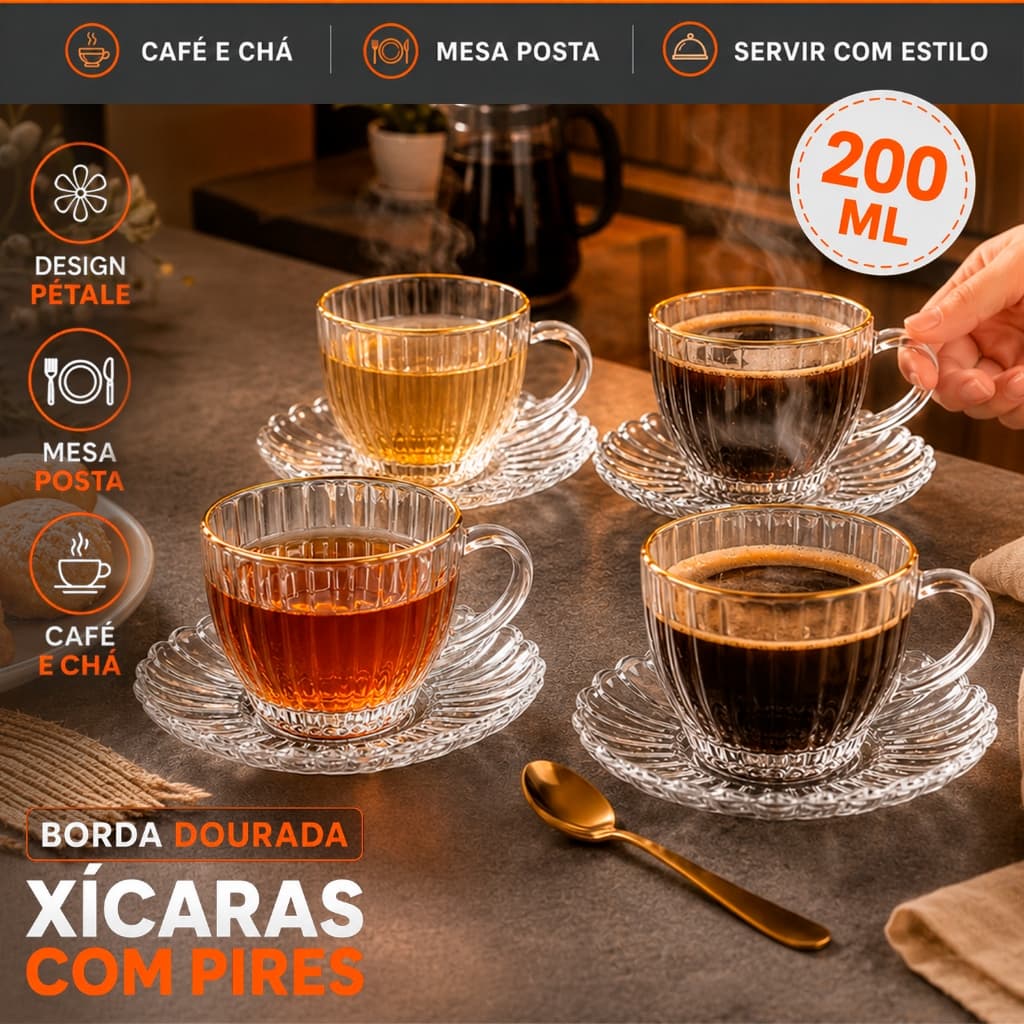 Jogo 4 Xícaras + Pires De Vidro Com Borda Dourada 200ml Pétale Para Café Chá E Mesa Posta