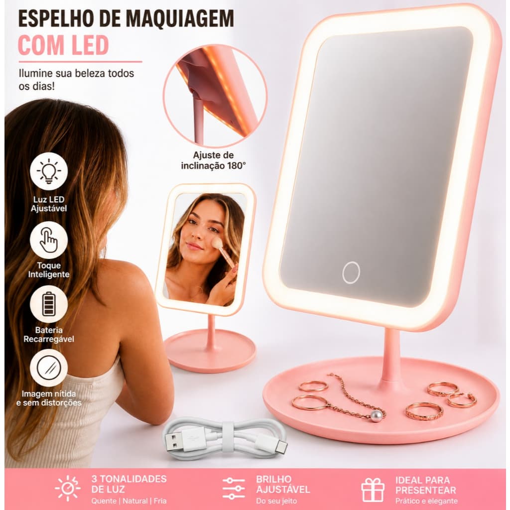 Espelho LED de Maquiagem com Luz Touch USB Recarregável 3 Tons de Iluminação Portátil