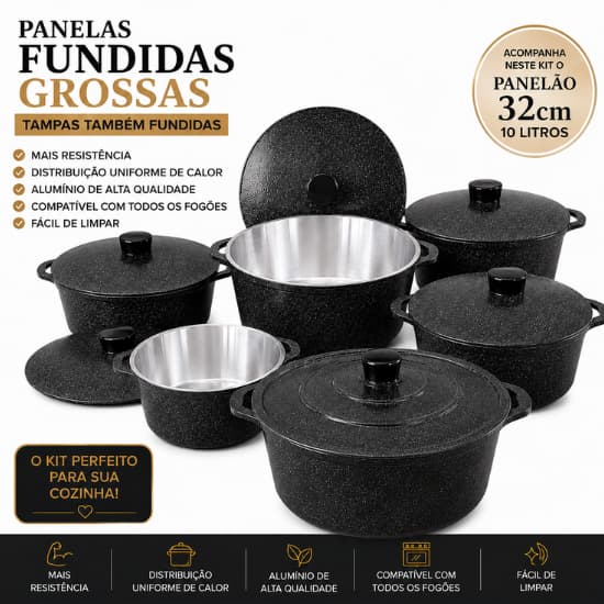 Kit Jogo de Panelas Alumínio Fundido Grosso 5 Peças + Panelão 32cm 10 Litros Tampas Fundidas Fogão Indução Gás Elétrico