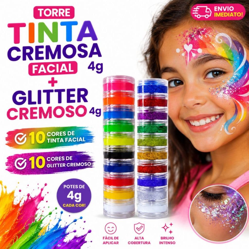 Kit Tinta Facial Cremosa + Glitter Cremoso Torre 10 Cores Maquiagem Artística Infantil Profissional