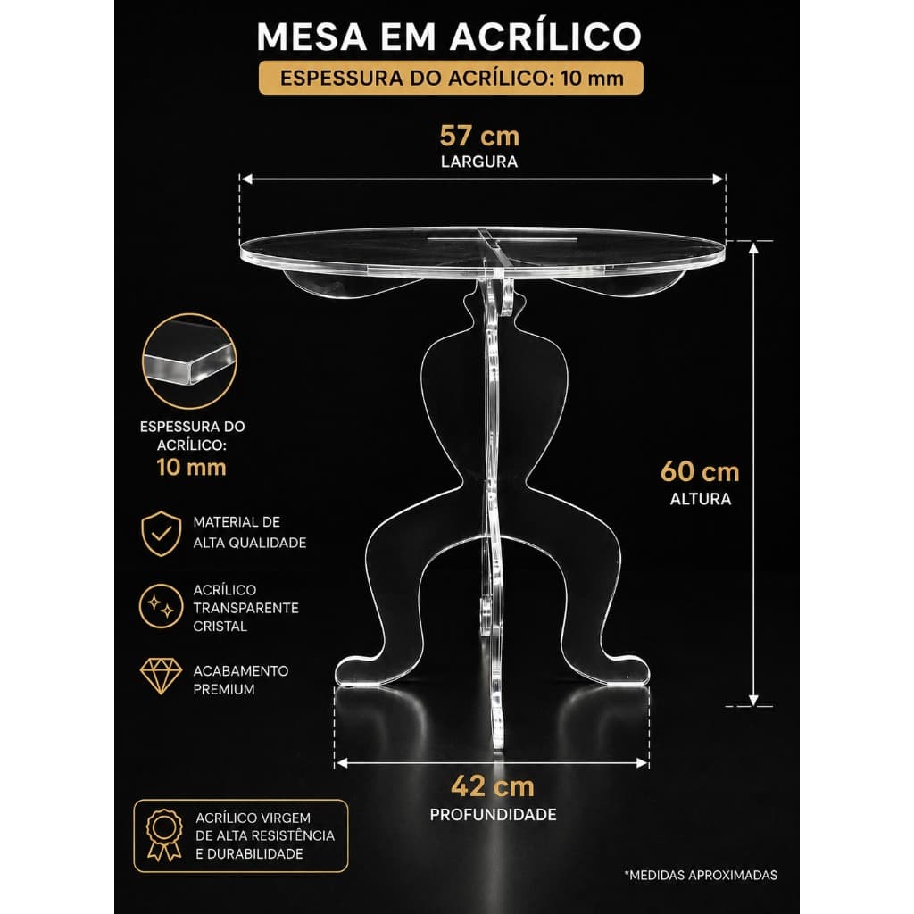 Mesa Lateral Acrílico Transparente ou Preta 10mm 57x60x42cm Design Moderno