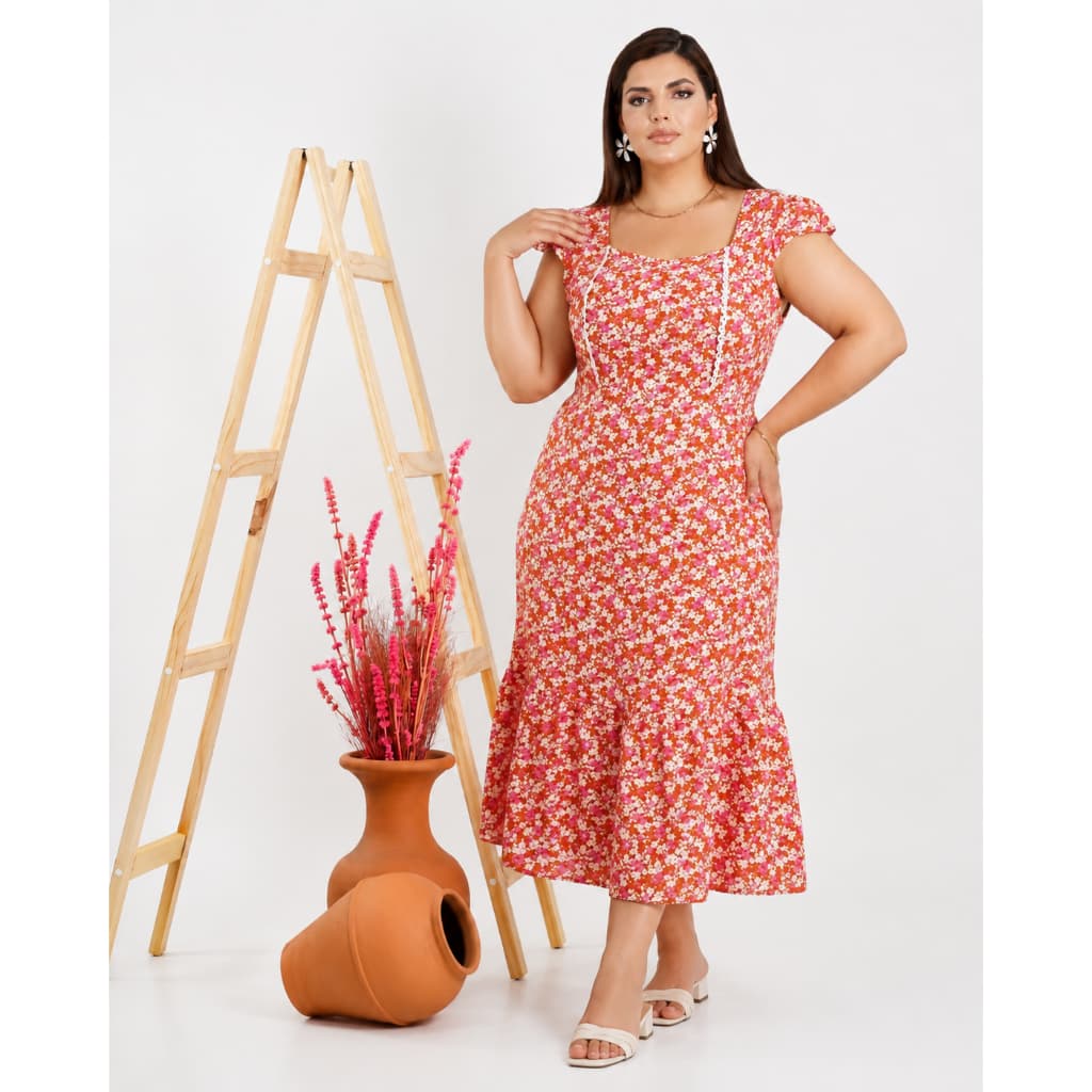 Vestido Midi Plus Size Gota De Sol Florido