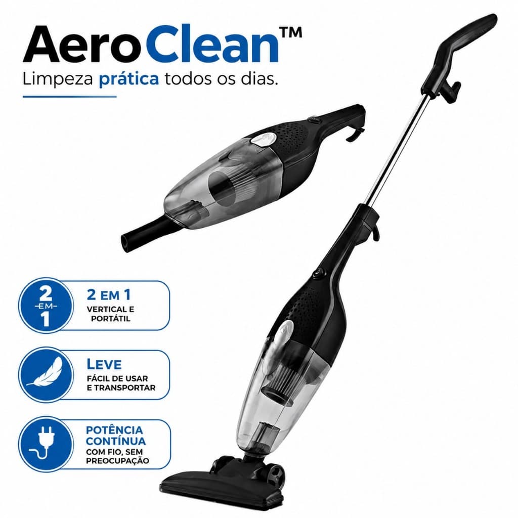 Aspirador de Pó Vertical 2 em 1 Com Fio 110V Portátil Leve Potente AeroClean™