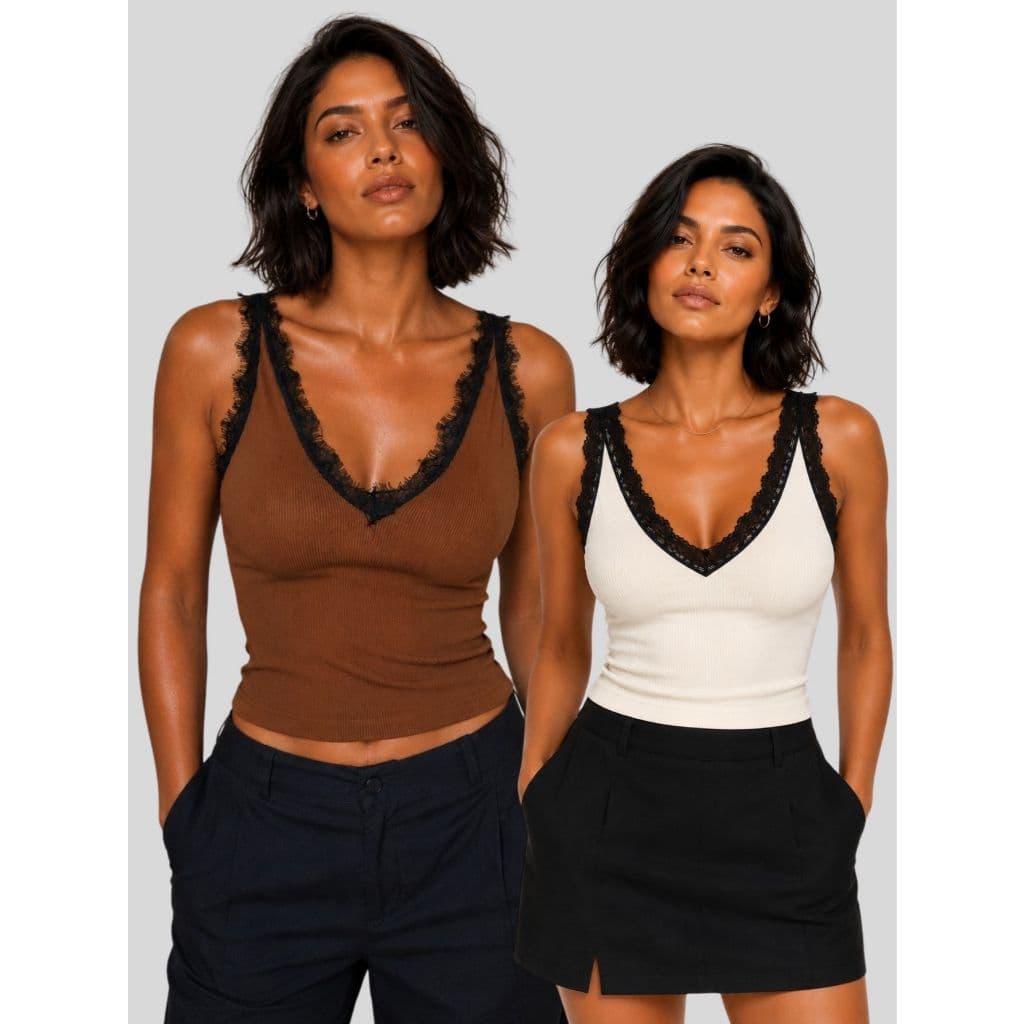 Regata Feminina Ribana Canelada com Renda Decote V Básica Premium Casual Elegante Ajustada ao Corpo