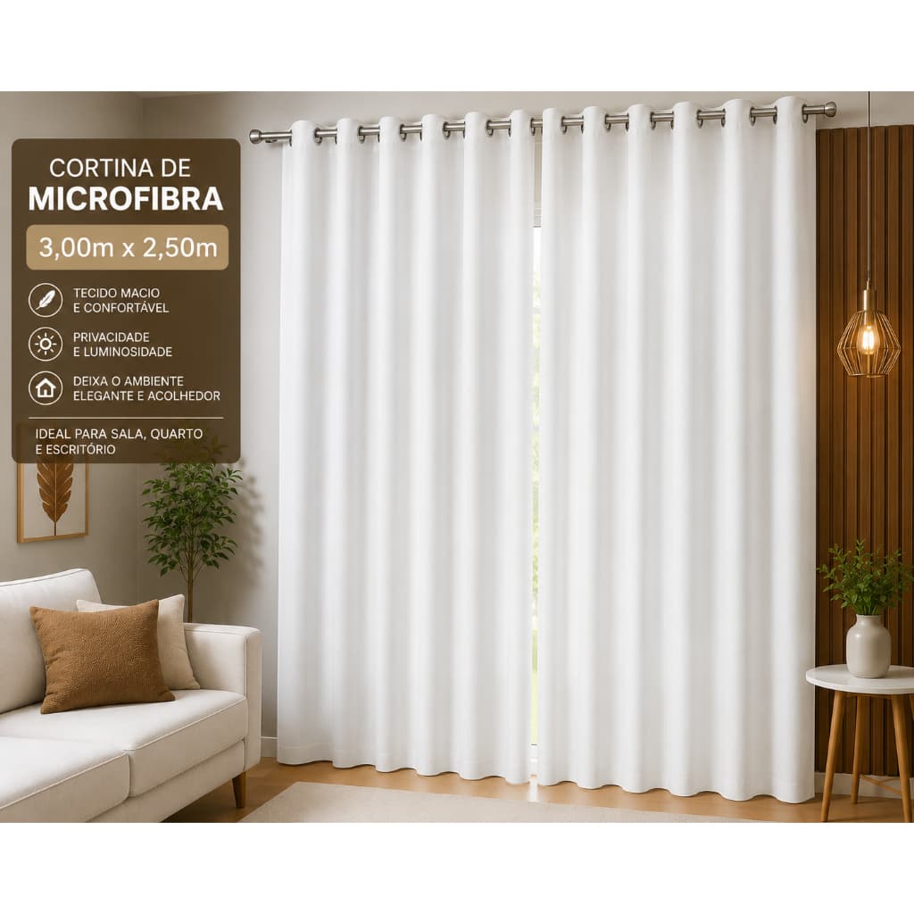 Cortina Microfibra 3,00 x 2,50m Lisa Premium com Ilhós Redondo Removível para Sala e Quarto porta janela