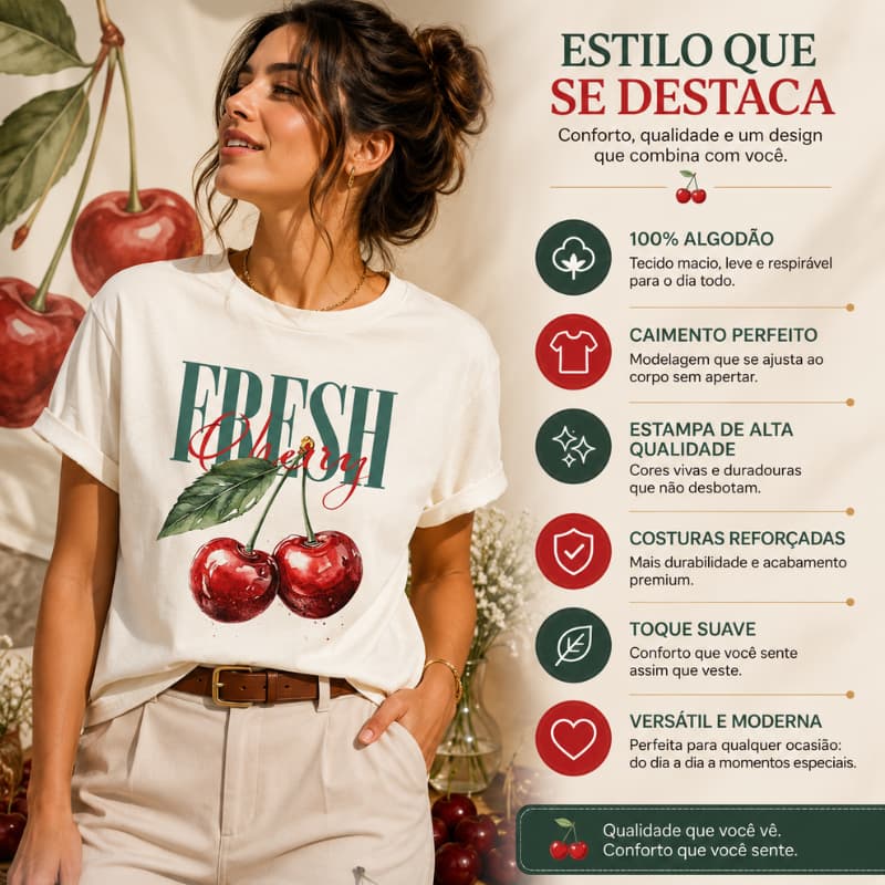 Camiseta Feminina Estampa Cereja 100% Algodão Qualidade Premium Envio Ja