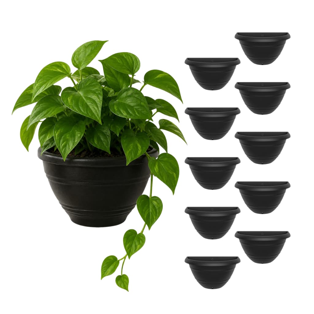 Kit 10 Vasos de Parede Meia Lua 1 Litro Preto Plástico Jardim Vertical Flores Plantas Decoração