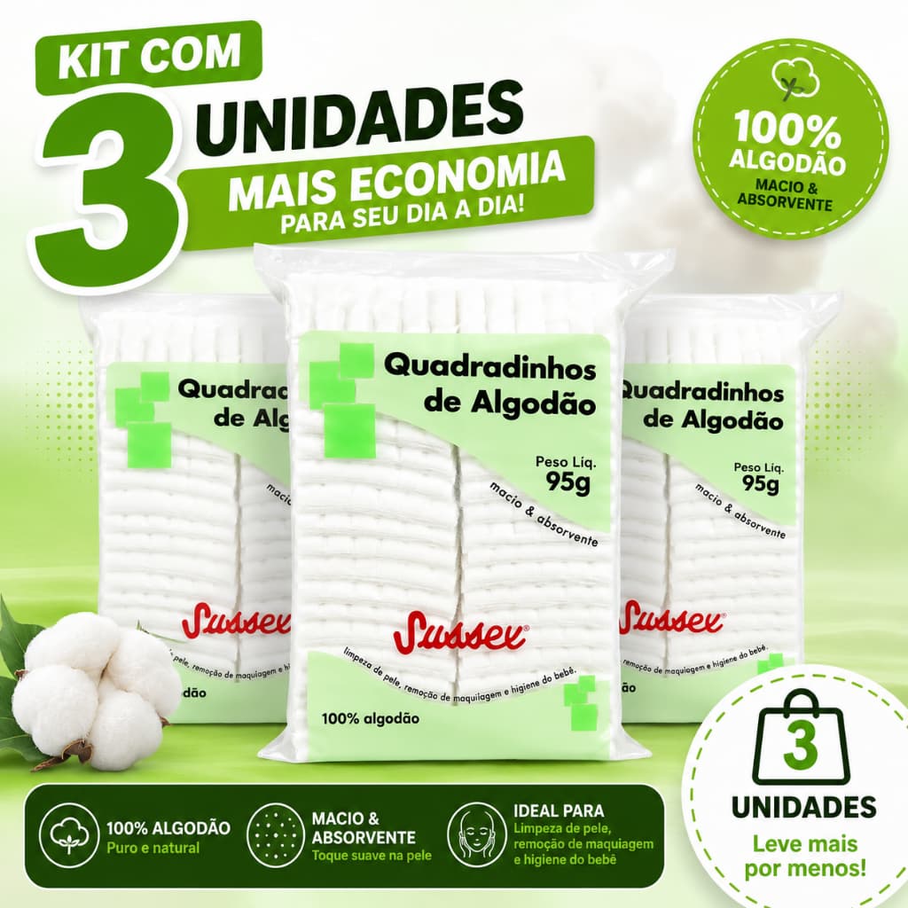 KIT C/ 3 UNIDADES ALGODÃO SUSSEX QUADRADINHO 95 GRS