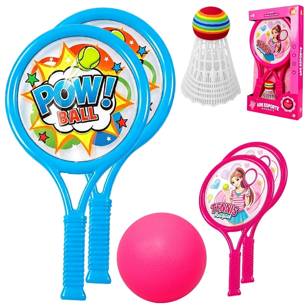 Kit Raquete Infantil 2 em 1 Ark Toys Pow Ball com 2 Raquetes, Peteca e Bola - Brinquedo Esportivo