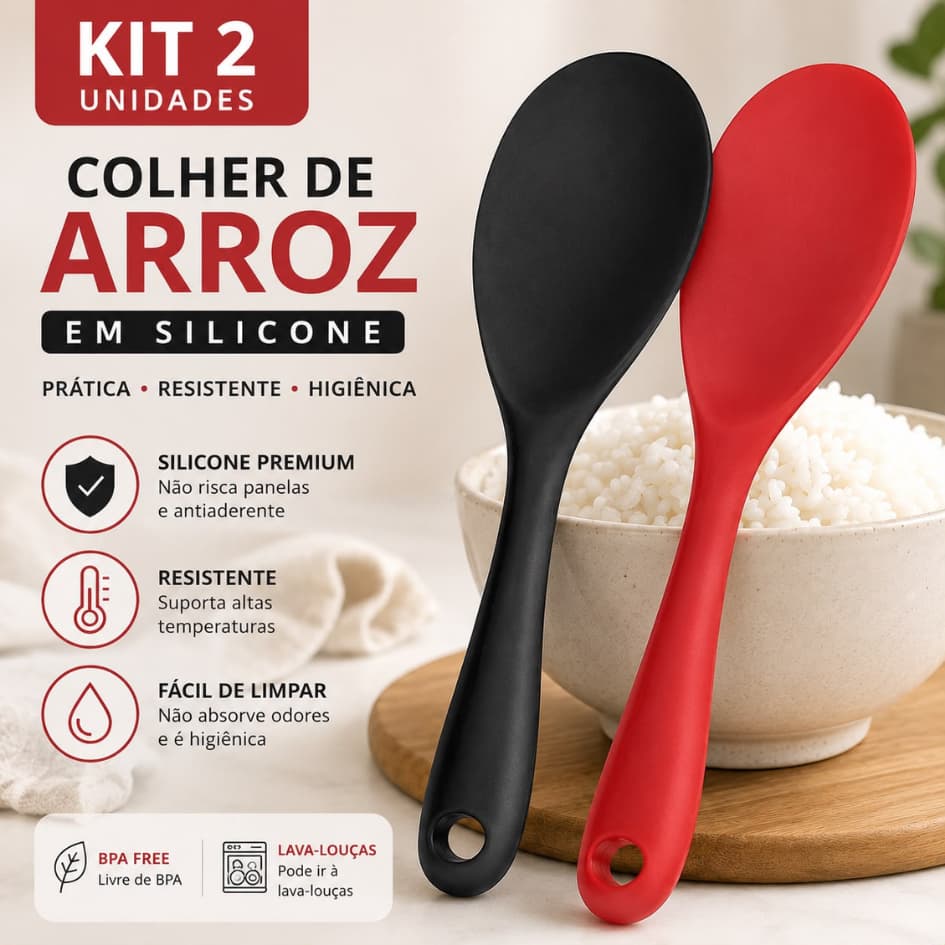 KIT 1 2 Colher em Silicone para Servir Arroz Premium Antiaderente Resistente Panela Eletrica Preparar Cozinha Não Risca