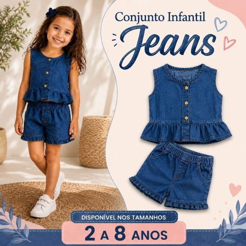 Conjunto Jeans Infantil Menina Blusa Babado e Short