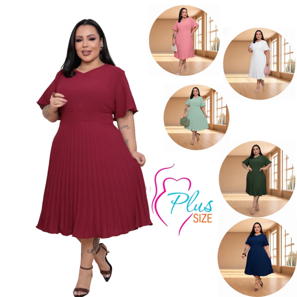 Vestido Midi Feminino Saia PLISSADO Plus Size com Lástex na Cintura nas Costas Moda Evangélica