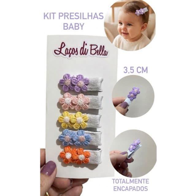Kit 5 Mini Lacinhos Bebê com florzinhas com Borrachinha Antideslizante.