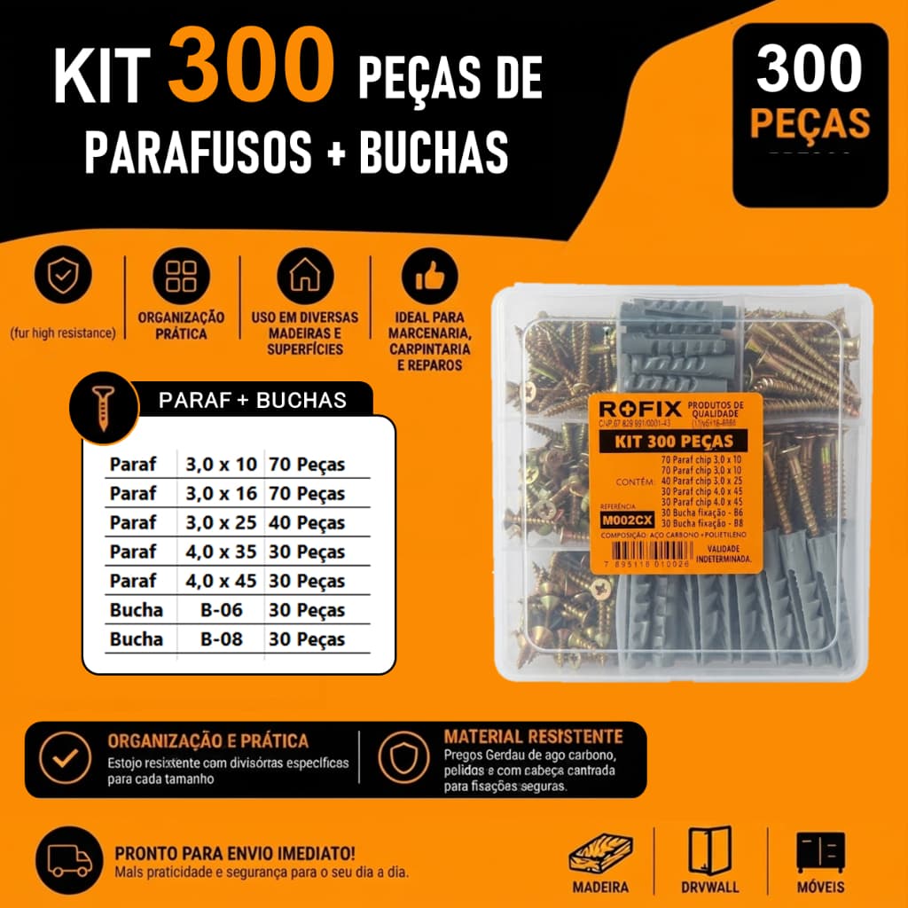 Kit 300 Peças Parafusos e Buchas Com Caixa Organizadora Para Reparos
