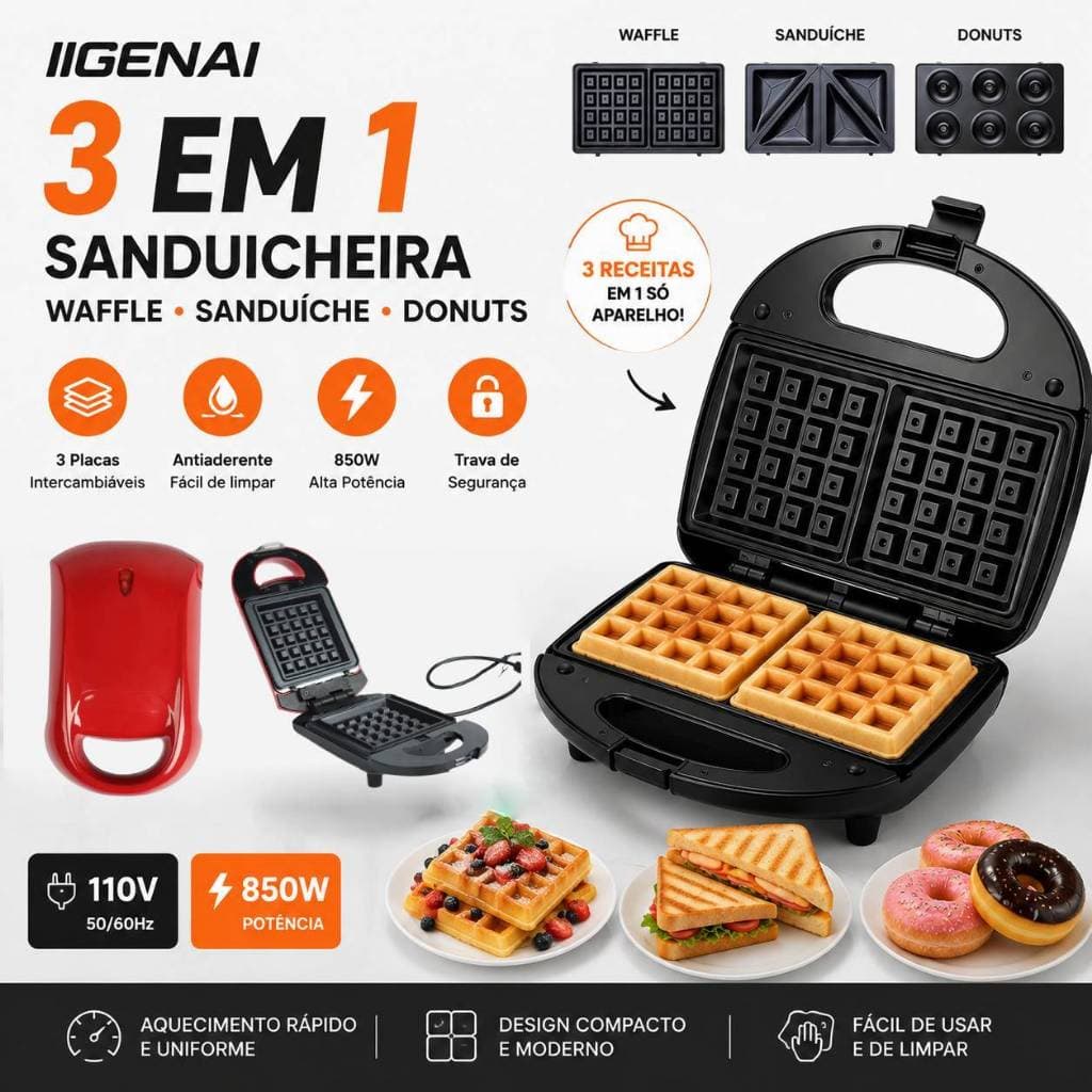 3 Em 1 Portátil Sanduicheiras Waffle Donuts Fast Antiaderente 110V 850W