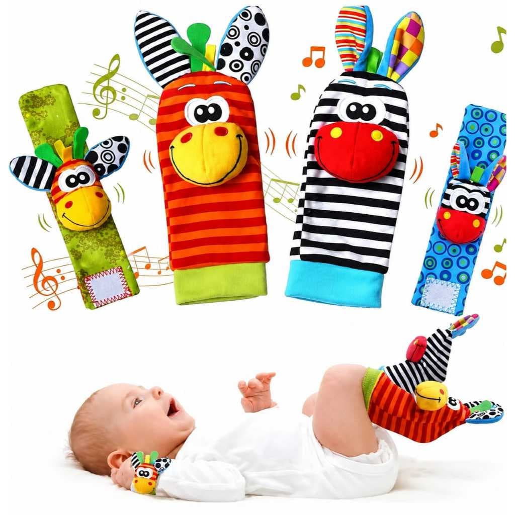 Kit Meias e Pulseiras 4 Peças Chocalho Sensorial Bebê Infantil Coordenação Motora