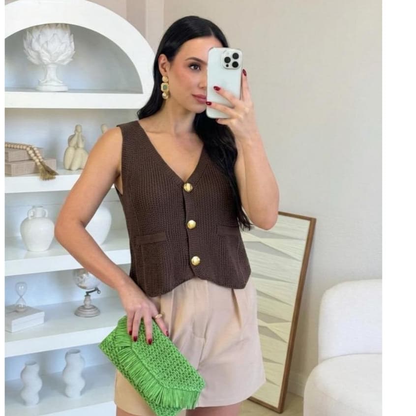Colete Tricot Feminino Moda Botão Dourado