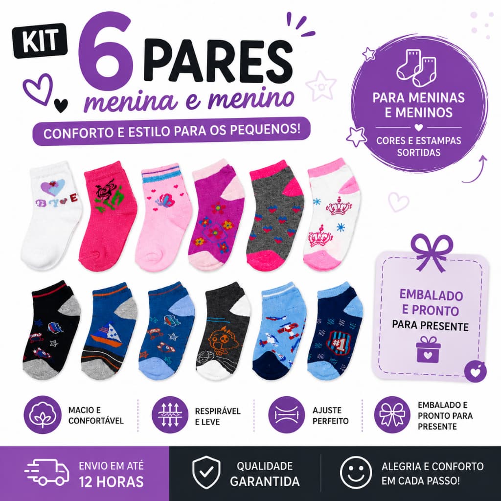 Kit 6 Pares Meia Infantil Menino e Menina Algodão Estampas Sortidas
