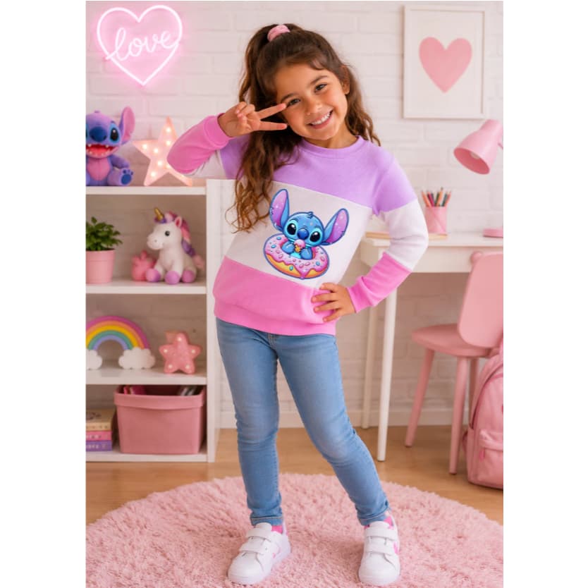 Blusa Casaco Infantil Menina Stitch Canelado Manga Longa Tamanho 4 ao 10
