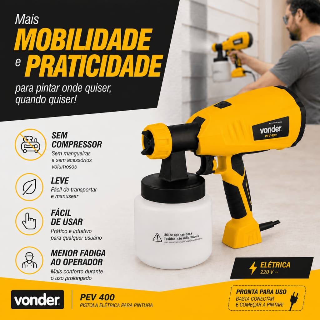 Pistola Elétrica para Pintura Vonder PEV 400 HVLP 220V 800ml 3 Tipos de Jato