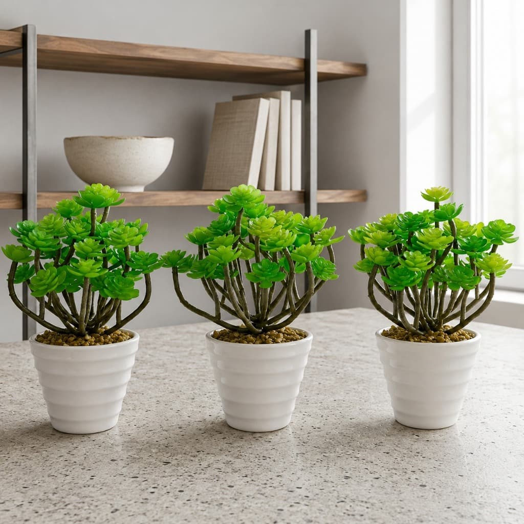 Suculenta Artificial com Vaso Branco Kit 3 Plantas Decorativas Decoração Elegante Casa Escritório