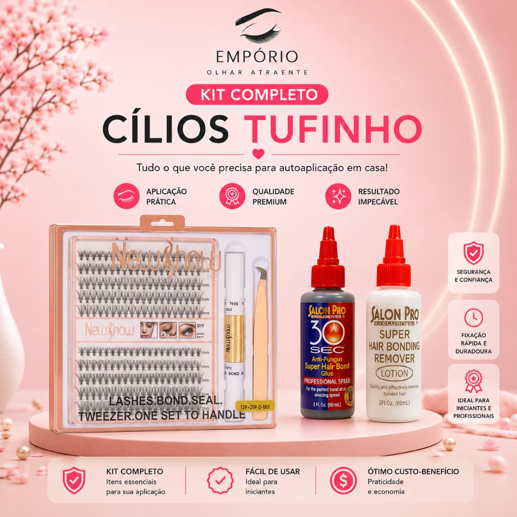 Kit Cilios Tufinho New Show Cola e Removedor Cílios Salon Pro em Casa Facil Aplicação