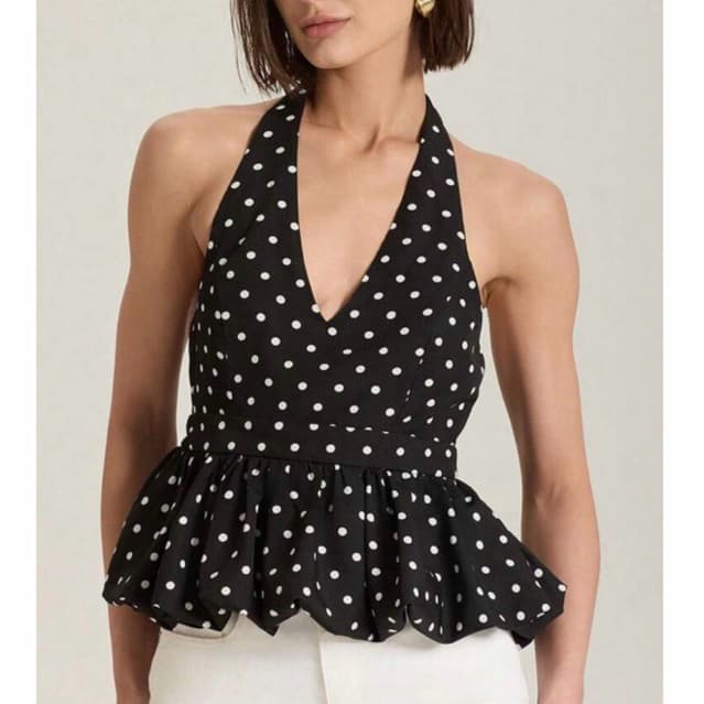 Blusa manga nula feminina top halter com estampa de poá estilo babado Costa nua moda Casul 2026
