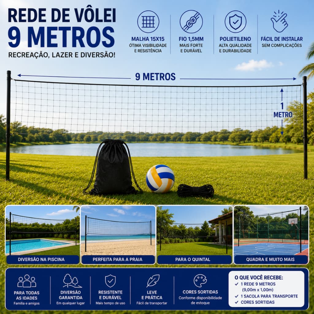 Kit Volei Lazer Bola Rede 9 Metros Sem Faixa Campo Quadra Recreação Praia
