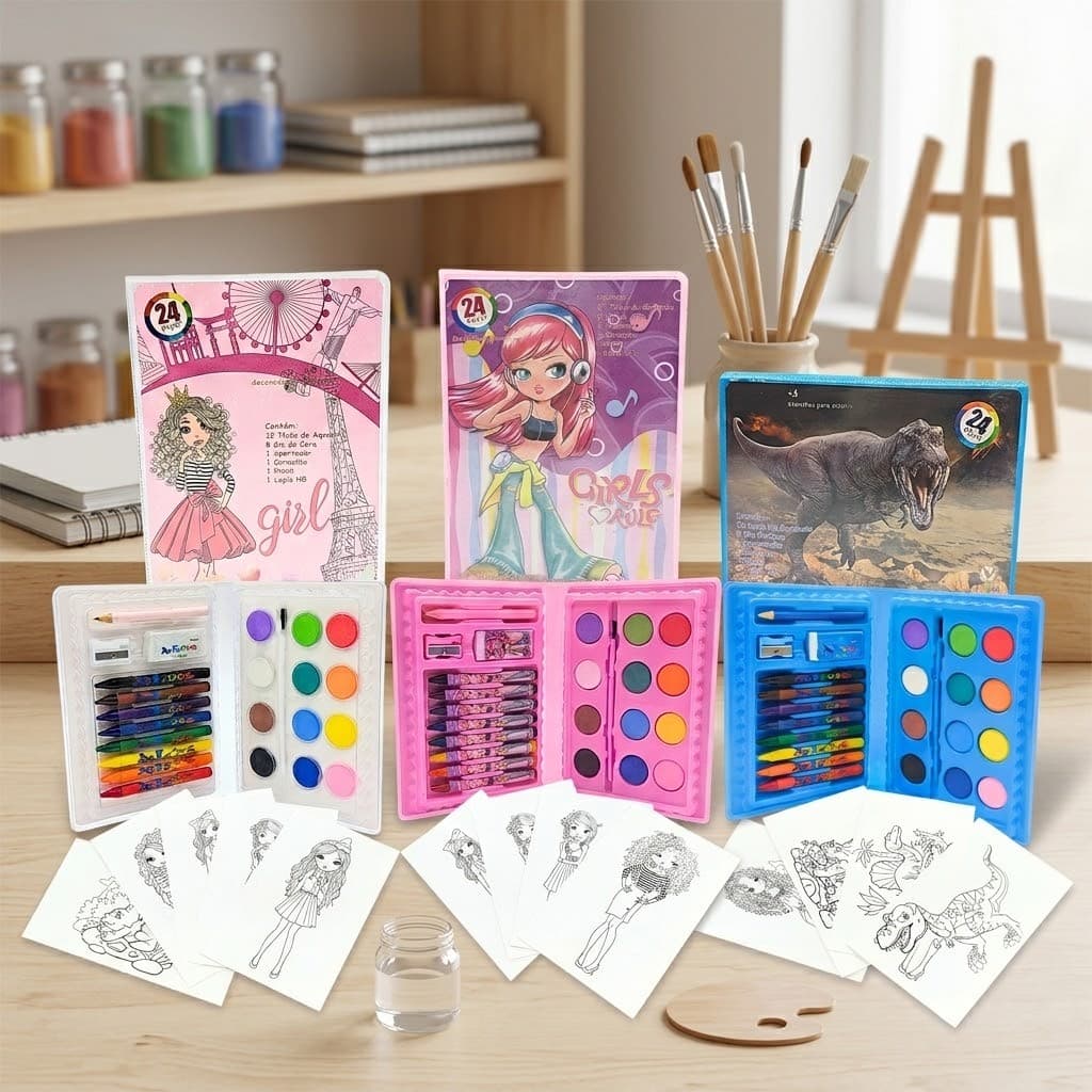 Kit 5 Estojos Personalização Pintura Infantil 24 Peças Giz Tinta Aquarela Multicores Colorir Aniversário Lembrancinha