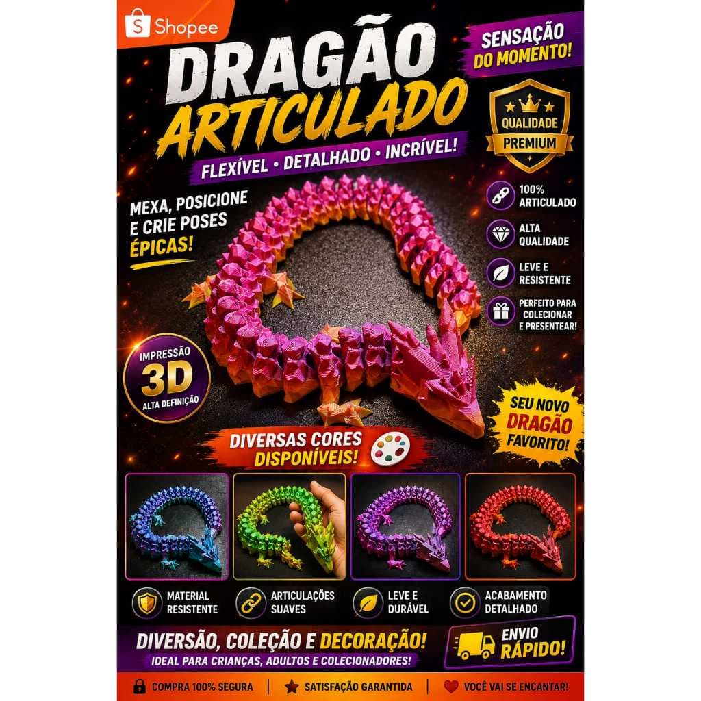 Dragão Articulado Flexível  Relaxante Decorativo Gamer Colecionável Geek Envio Imediato