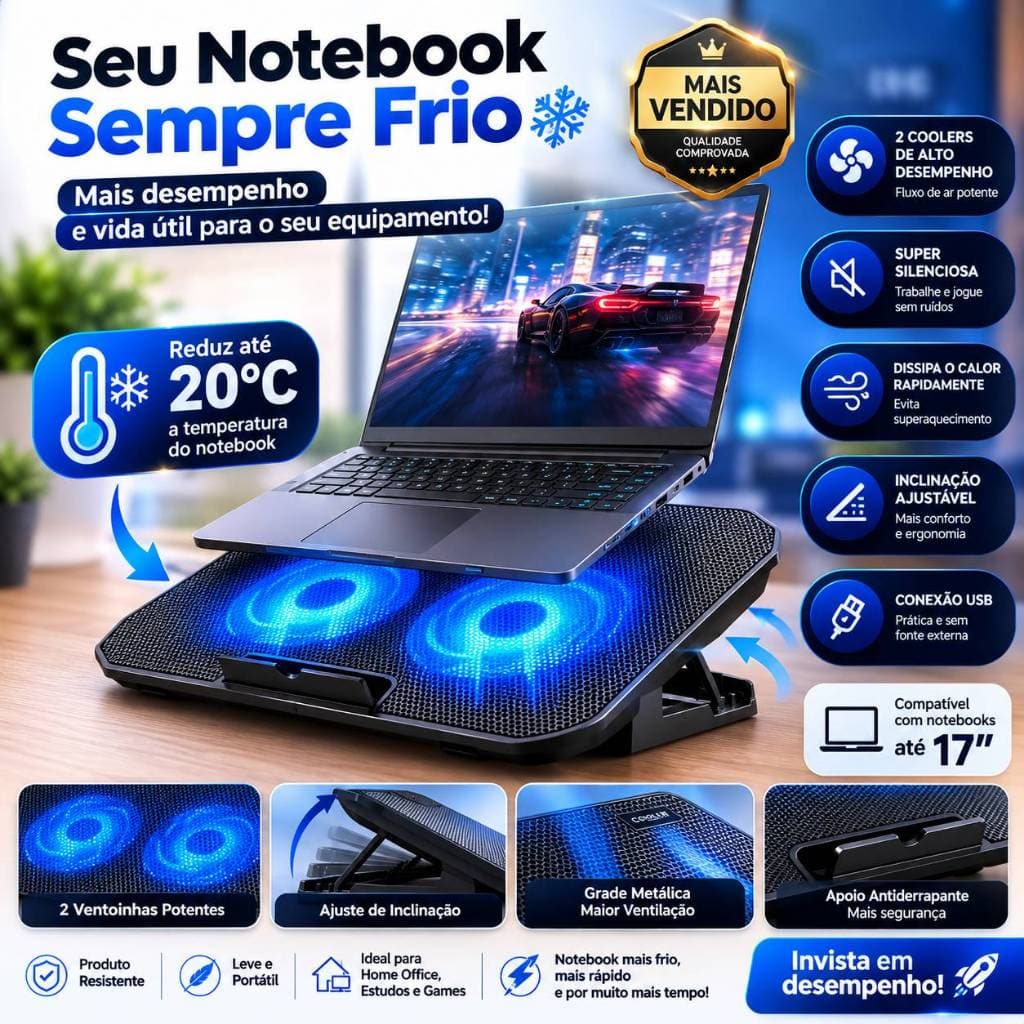 Suporte Notebook Ergonômico com Cooler USB Ajustável Até 17" Home Office Ventilação Silenciosa