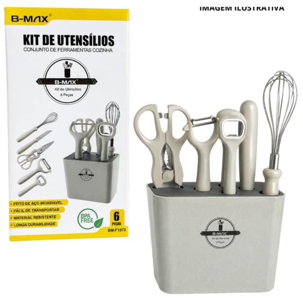 Kit Utensílios de Cozinha 6 Peças Inox com Suporte -  Tesoura, Descascador, Batedore Abridor