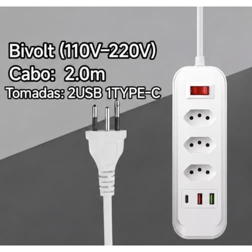 Extensão Elétrica 3 Tomadas + 2 USB + 1 Tipoc 2 Metros Extensão de Energia Filtro de Linha