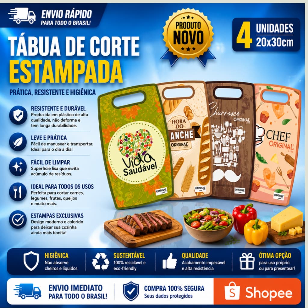 Conj 4  e  2 Tabua de Corte Resistente  Carne Legumes Frutas Queijo Plástico Estampada 20x30