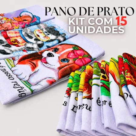 Pano de Prato Para Cozinha Kit com 15 Unidades 45x75cm Bainha Estampado 100% Enxugante