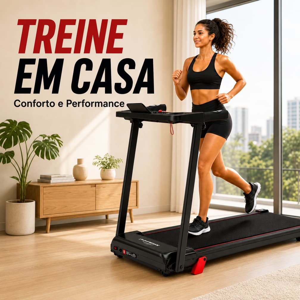 Esteira dobrável para uso doméstico com apoios de braço e sistema de amortecimento de impacto