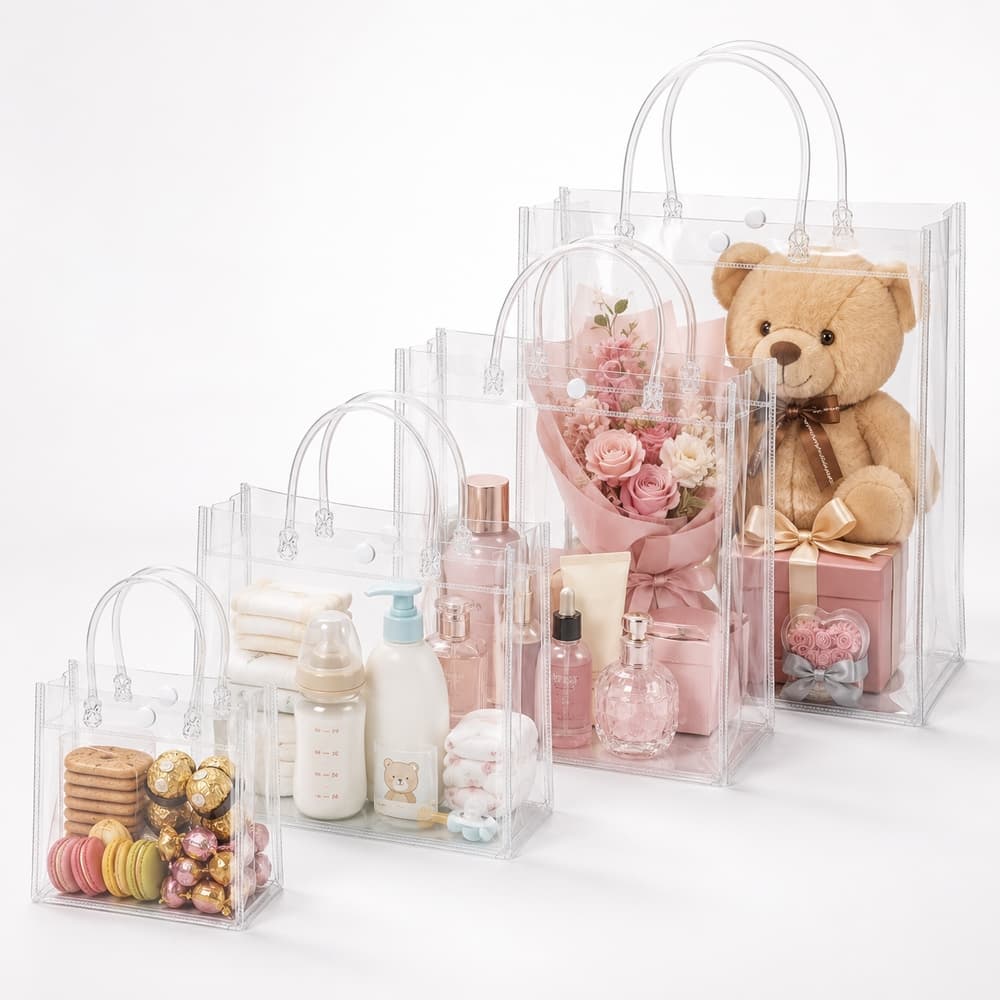 Kit 30 Sacolas de Presente PVC Transparente Reutilizáveis - 5 Tamanhos 28*28*12cm 20*26*8cm 15*20*7cm