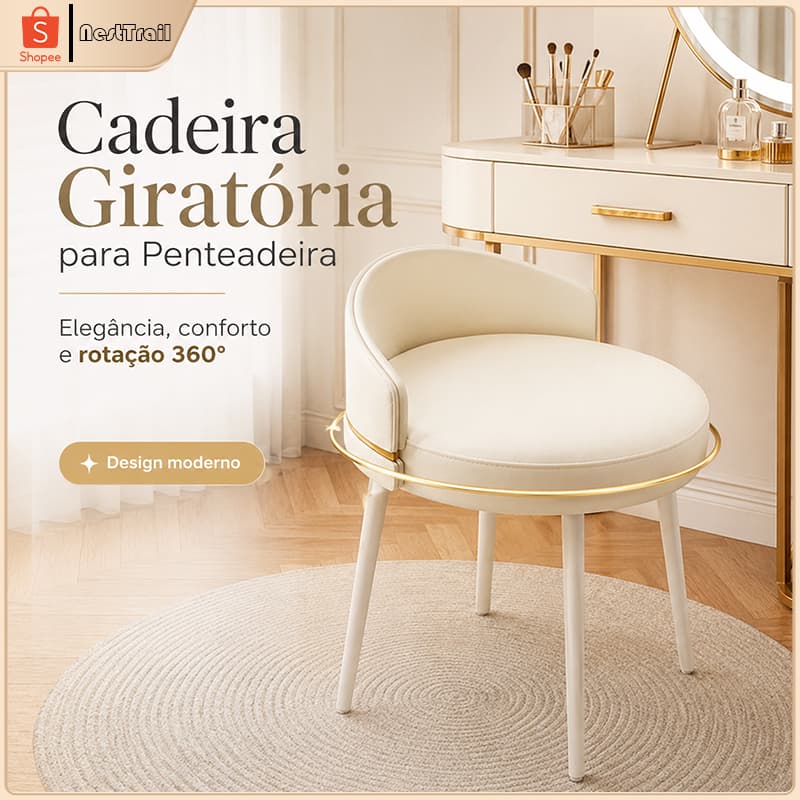 Cadeira para Penteadeira Giratória 360°, Banco de Maquiagem Estofado com Encosto, Base Estável e Design Moderno