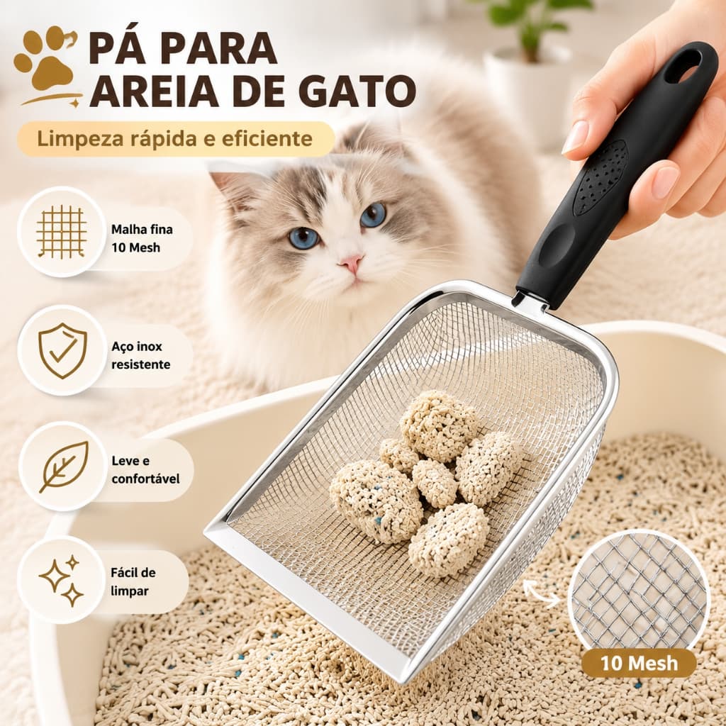 De Limpeza para Areia de Gatos com Pá e Peneira em Aço Inox Leve e Funcional