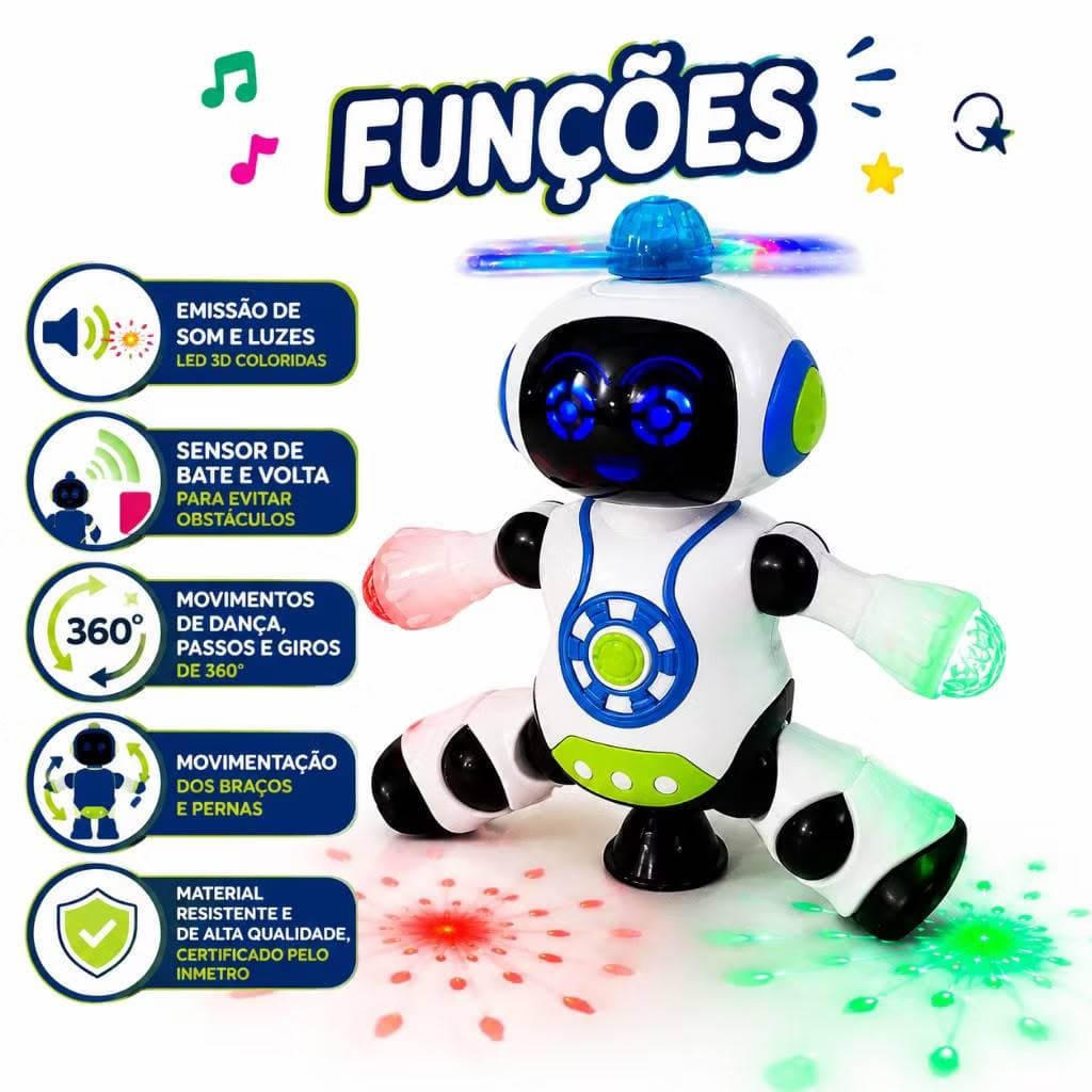 Brinquedo Robô Dança Dançarino Gira 360 Graus Robot Som e Luz Led Música Criança