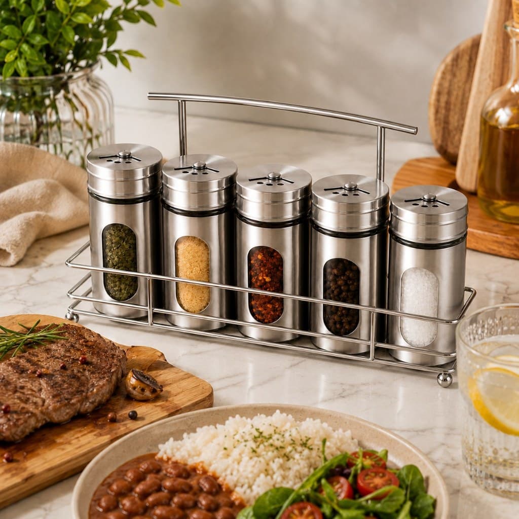 Kit Cm 5 Porta Condimentos Temperos Saleiro Pimenteiro Aço Inox Vidro Com Suporte