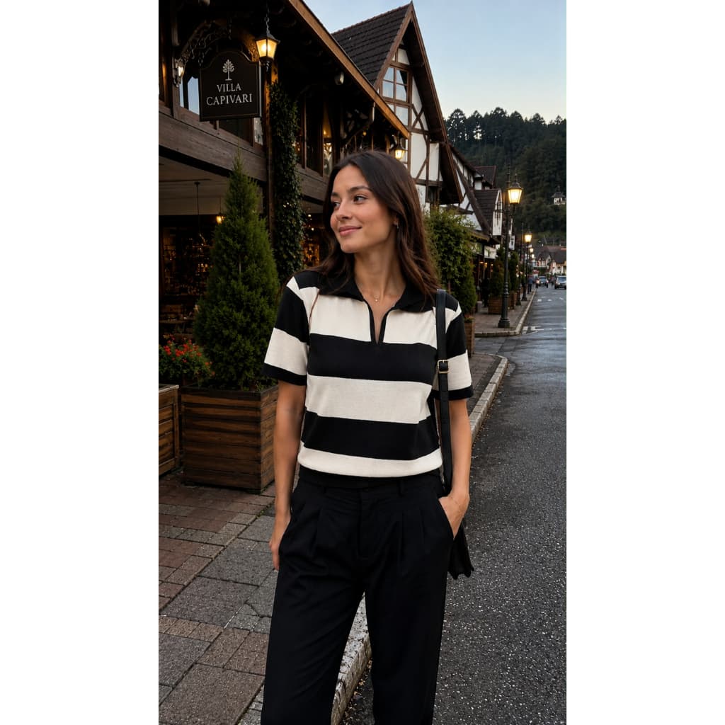 Blusa Feminina Manga Curta com Listras Modernas em Modal Gola Polo