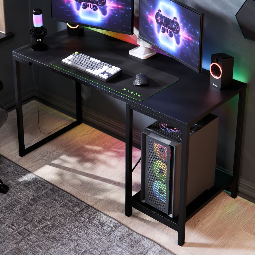 Mesa Escrivaninha Gamer e Home Office Barcelona Estilo Industrial com Prateleira em Aço e MDF