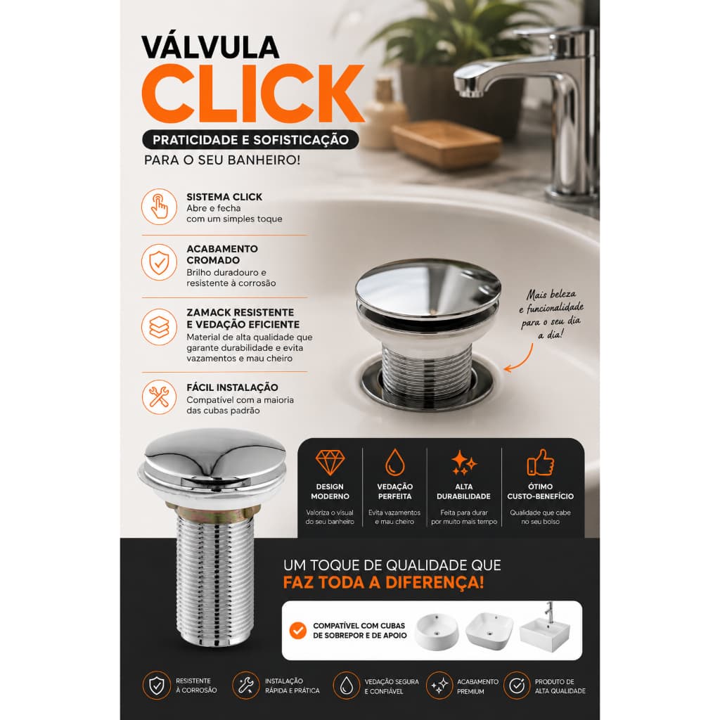 Válvula Click para Pia de Banheiro Universal Cromada em Zamack Alta Qualidade
