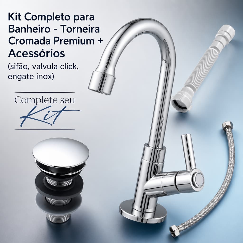 Kit Banheiro Torneira Cromada Abs + Valvula Click + Sifao Branco + Engate Inox Completo