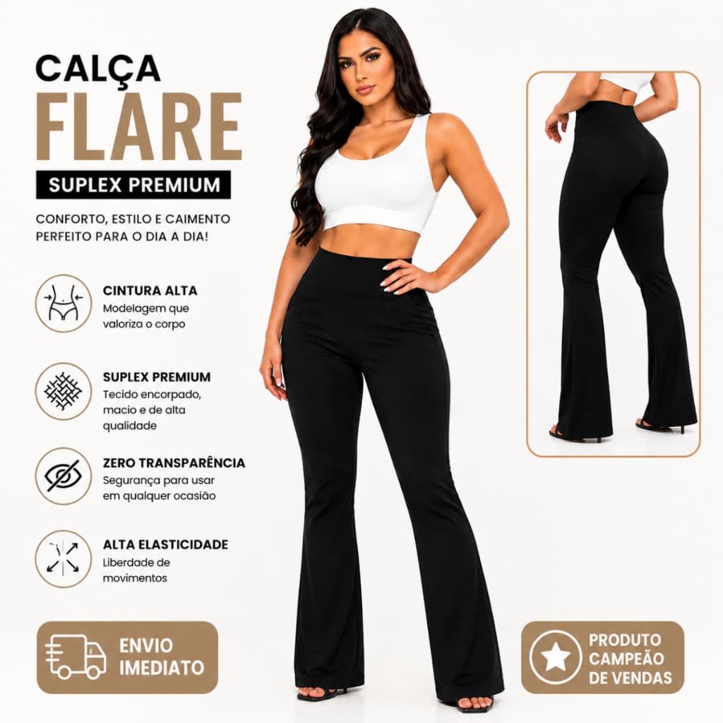 Calça Flare Feminina Cintura Alta Modeladora Suplex Premium Zero Transparência Levanta Bumbum