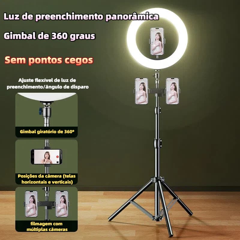 Ring light de alta qualidade com 10 polegadas e três cores de luz selecionáveis.Acompanha um tripé ajustável de 2 metros