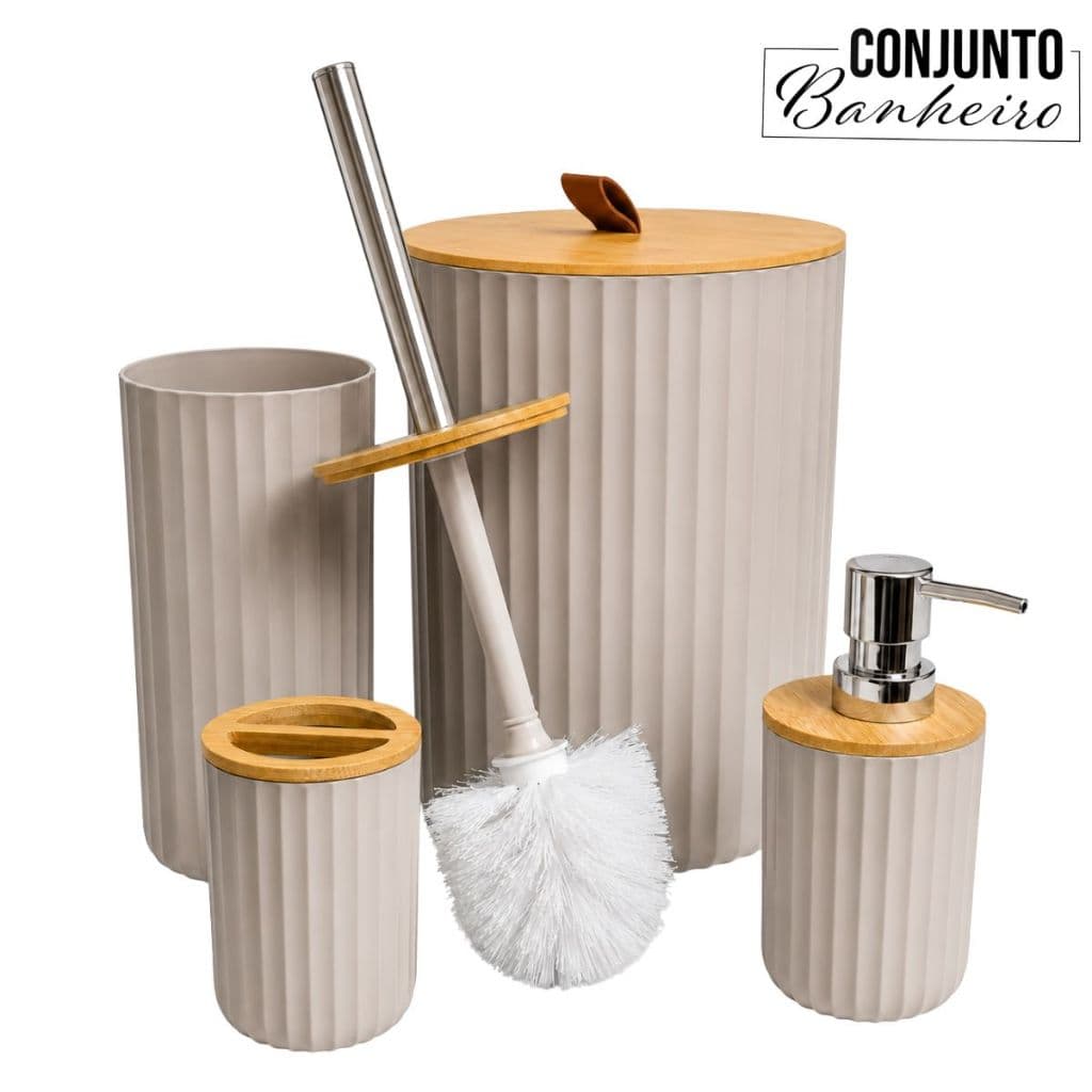 Kit Banheiro Lavabo 4 Peças Lixeira 6,5L PVC Tampa de Bambu Porta Escovas Dispenser Escova Sanitária