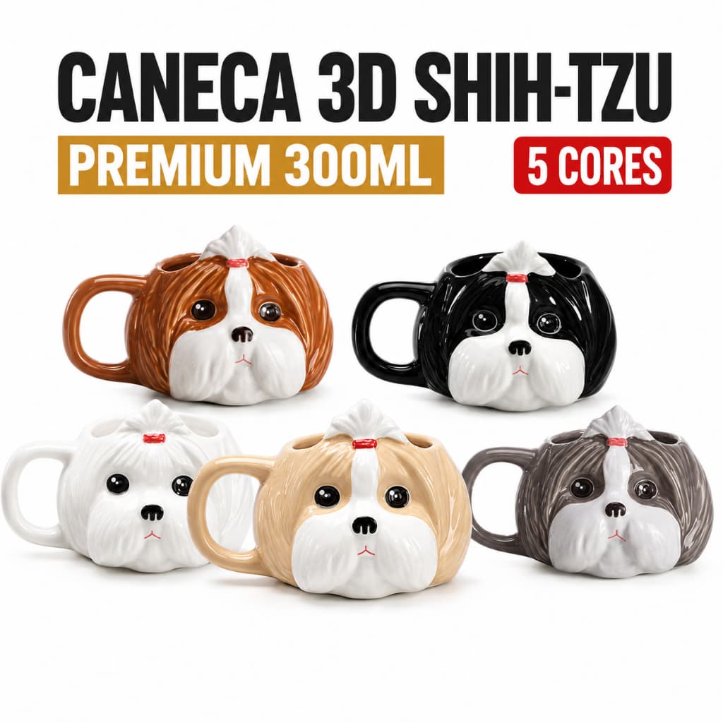 Caneca 3D Cachorro Shih-Tzu Broglio 300ml Cerâmica Esmaltada para Café Presente Criativo Amante de Pet